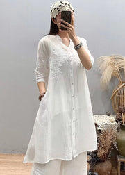 Fitted White Stand Collar Embroideried Linen Long Shirts Three Quarter sleeve