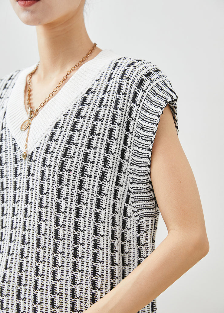 Fitted White V Neck Jacquard Knit Vest Fall