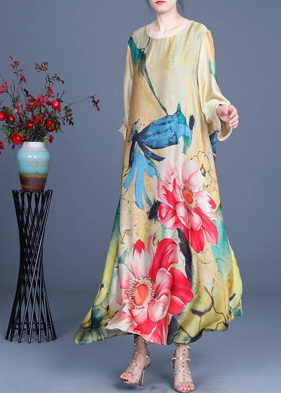 Fitted Yellow Print Long sleeve Chiffon Maxi Dresses Summer - bagstylebliss