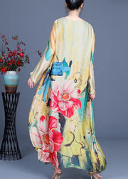 Fitted Yellow Print Long sleeve Chiffon Maxi Dresses Summer - bagstylebliss