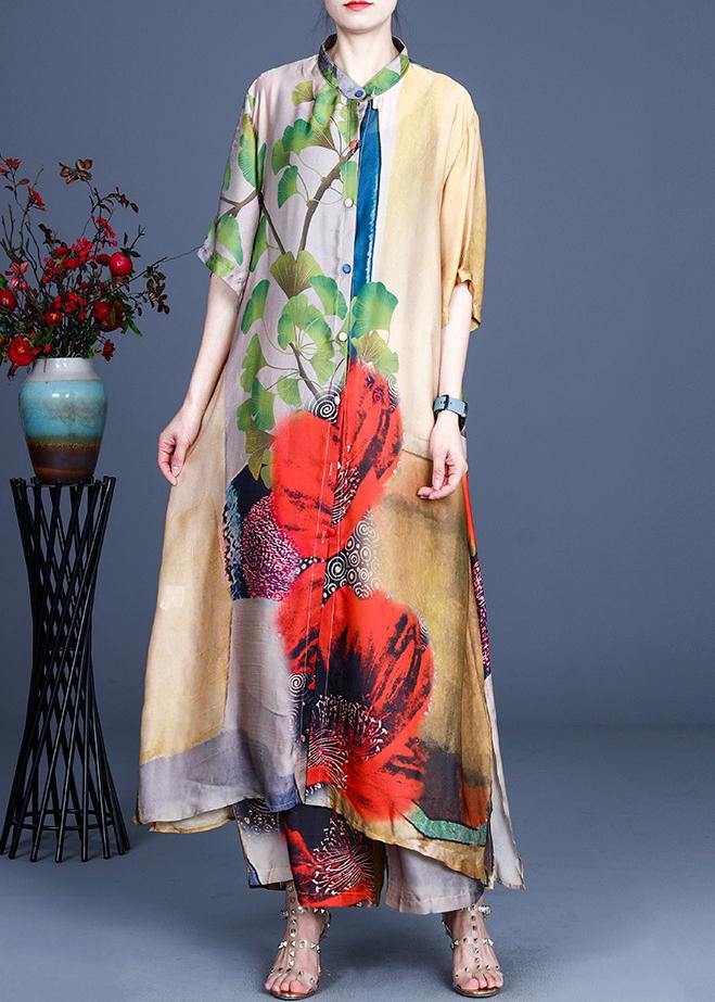 Fitted Yellow Print long Silk Summer Women Sets two Pieces - bagstylebliss