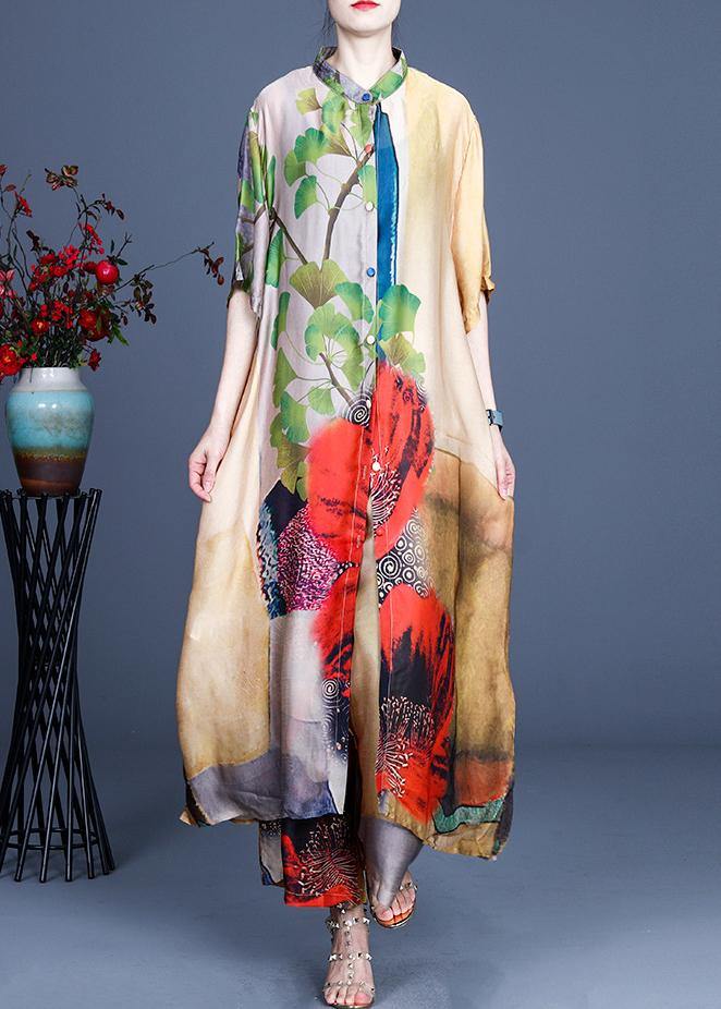 Fitted Yellow Print long Silk Summer Women Sets two Pieces - bagstylebliss