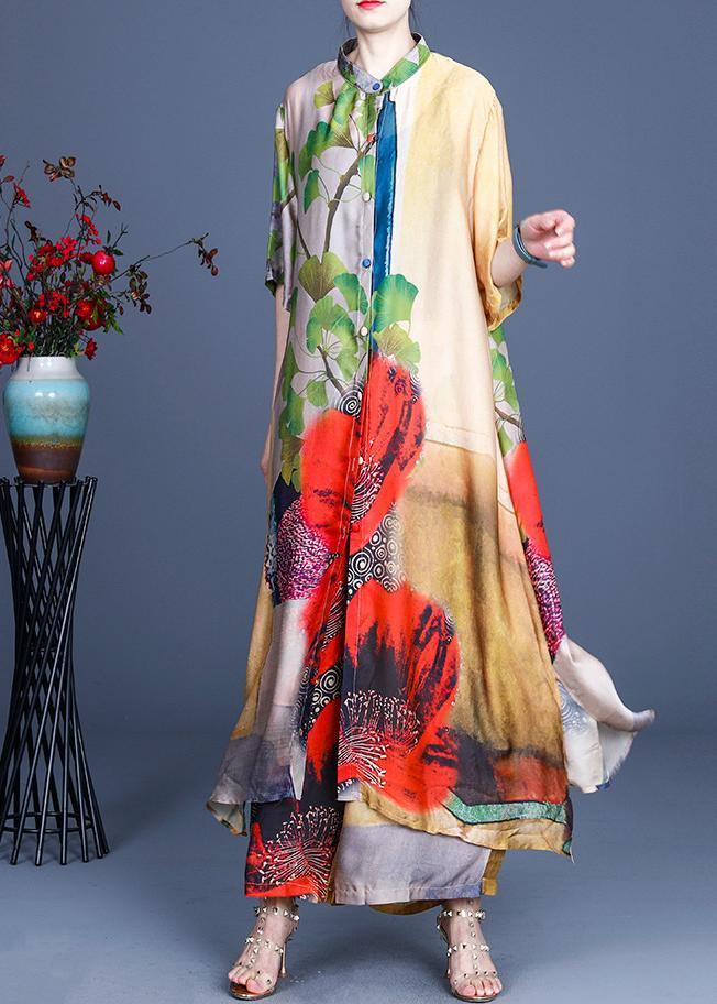 Fitted Yellow Print long Silk Summer Women Sets two Pieces - bagstylebliss