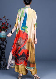 Fitted Yellow Print long Silk Summer Women Sets two Pieces - bagstylebliss