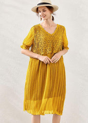 Fitted Yellow V Neck Hollow Out Spring Maxi Dress Short Sleeve - bagstylebliss