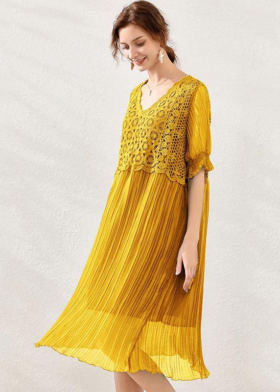 Fitted Yellow V Neck Hollow Out Spring Maxi Dress Short Sleeve - bagstylebliss