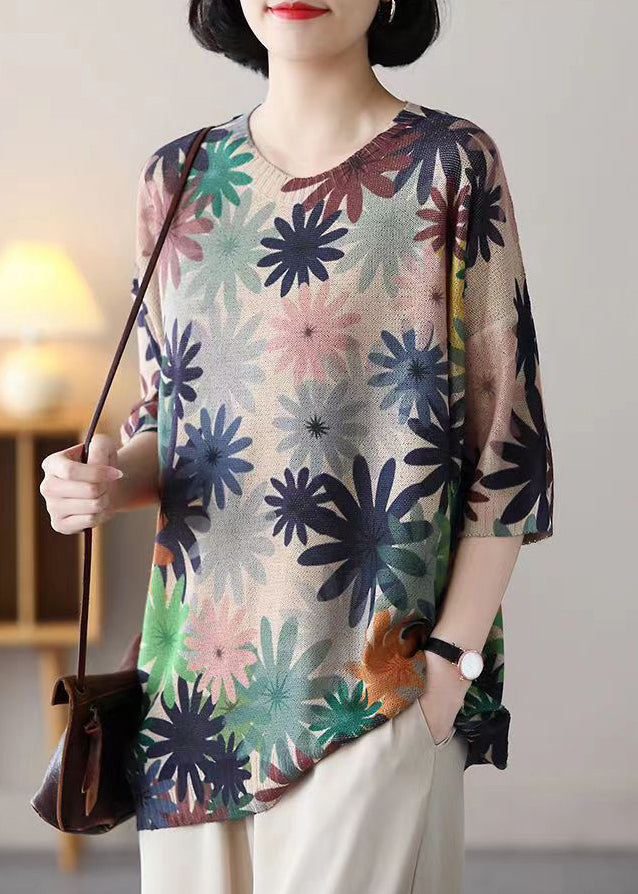 Floral O Neck Print Patchwork Cozy Cotton Knit Top Half Sleeve