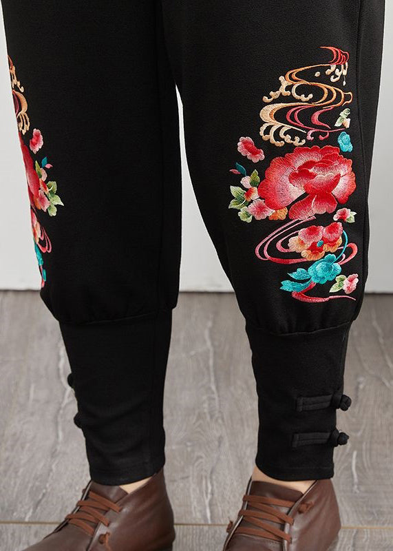 Floral Patchwork Elastic Waist Pockets Cotton Harem Pants