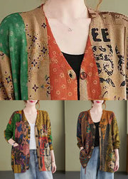 Floral Print Patchwork Cotton Knit Coat V Neck Long Sleeve