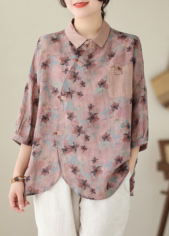 Floral Print Peter Pan Collar Button Cotton Tops Spring