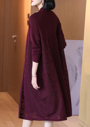 Floral Wine Red Button Hollow Out Cotton Knit Long Cardigan Spring