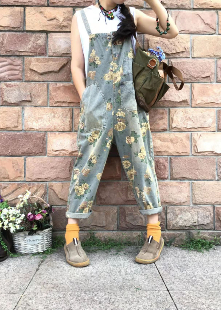 Floral Casual Denim Cotton Jumpsuit Oversized