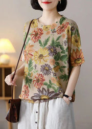 Floret Print Patchwork Cotton Knit T Shirts O-Neck  Summer