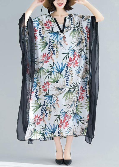 Flowy v neck patchwork chiffon outfit Plus Size Online Shopping white print Kaftan Dresses Summer - bagstylebliss