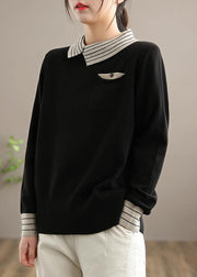 For Spring  Black Knit Tops Clothing Lapel Patchwork Sweater Tops - bagstylebliss