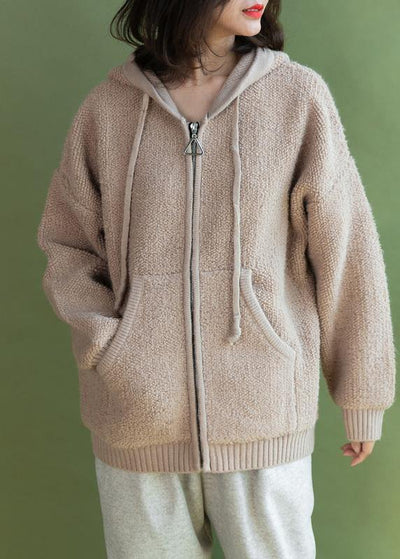 For Spring beige knit coats casual winter hooded knitted coat - bagstylebliss