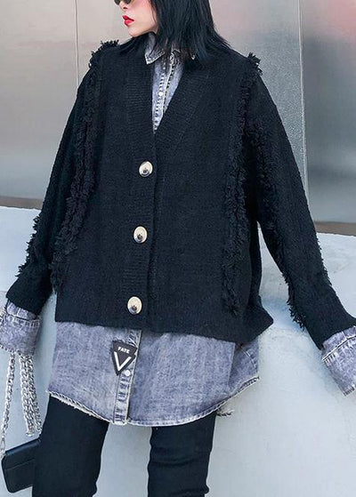 For Spring black knit cardigans oversize knitwear lapel patchwork tops - bagstylebliss
