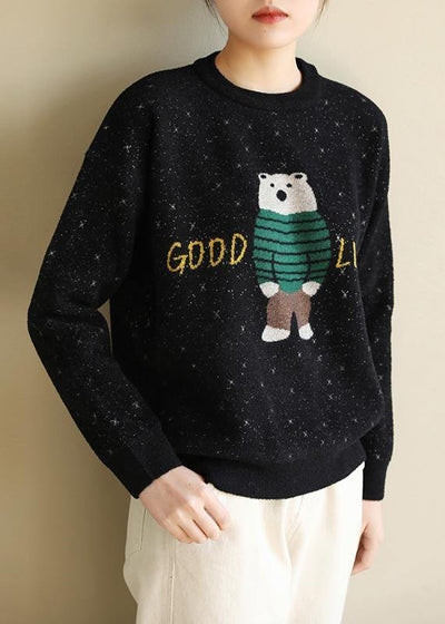 For Spring black knit tops o neck Loose fitting Cartoon print knitted blouse - bagstylebliss