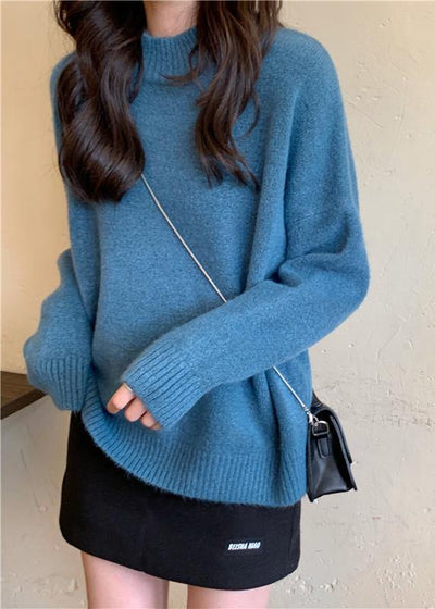 For Spring blue sweater tops high neck plus size knit sweat tops - bagstylebliss