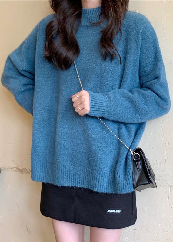 For Spring blue sweater tops high neck plus size knit sweat tops - bagstylebliss