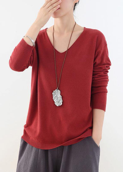 For Spring fall red knitted blouse fashion v neck knitted top - bagstylebliss