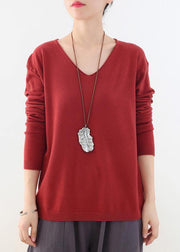 For Spring fall red knitted blouse fashion v neck knitted top - bagstylebliss