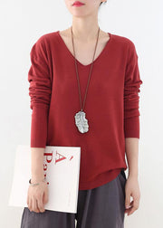 For Spring fall red knitted blouse fashion v neck knitted top - bagstylebliss