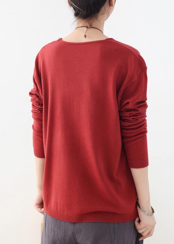 For Spring fall red knitted blouse fashion v neck knitted top - bagstylebliss