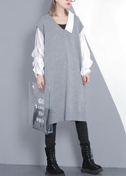 For Spring patchwork Puff Sleeve Sweater weather plus size gray Mujer knit dress - bagstylebliss