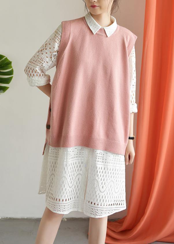 For Spring pink clothes plus size o neck knit tops low high design - bagstylebliss