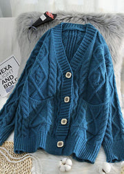 For Spring v neck knit outwear Loose fitting blue two pockets knit coats - bagstylebliss