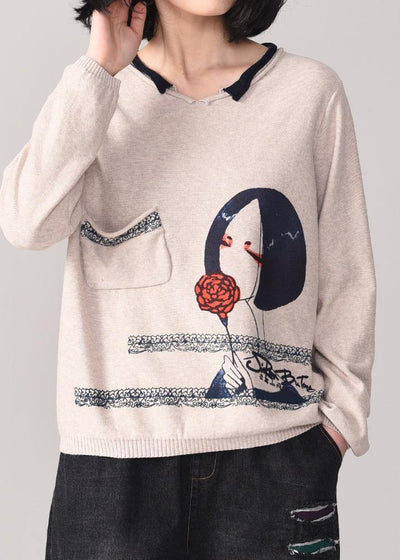 For Work Cartoon print knitted pullover casual beige knitted sweater fall wild - bagstylebliss