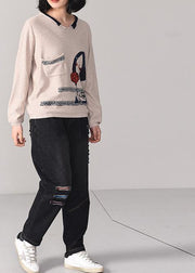 For Work Cartoon print knitted pullover casual beige knitted sweater fall wild - bagstylebliss