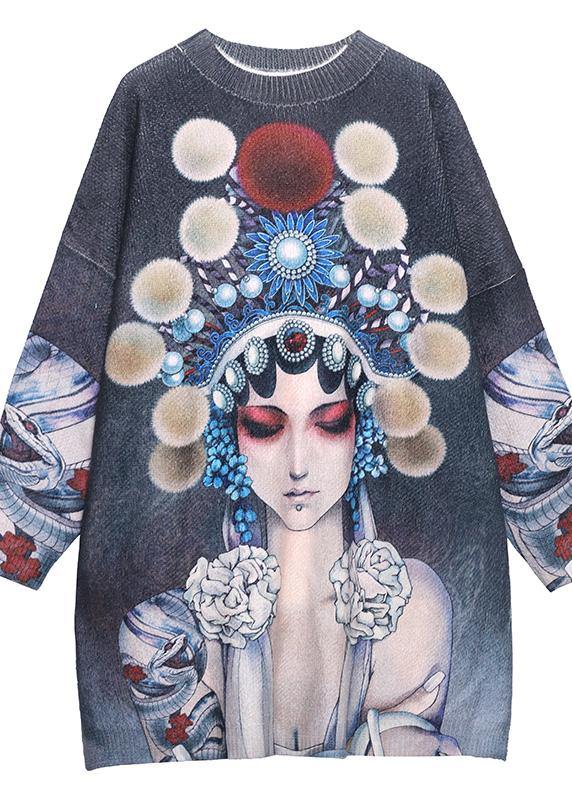 For Work Peking Opera Face Clothes O Neck Trendy Plus Size Knit Sweat Tops - bagstylebliss