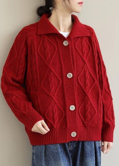 Red Knitted Top Stand Collar Pockets Oversized Spring Knitwear - bagstylebliss