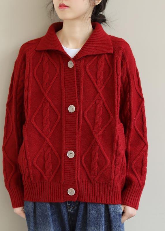 Red Knitted Top Stand Collar Pockets Oversized Spring Knitwear - bagstylebliss