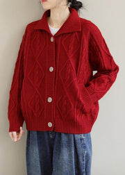 Red Knitted Top Stand Collar Pockets Oversized Spring Knitwear - bagstylebliss