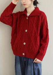 Red Knitted Top Stand Collar Pockets Oversized Spring Knitwear - bagstylebliss