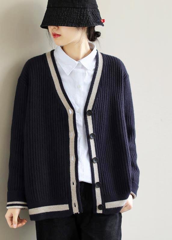 For Work Spring Navy Knit Tops V Neck Button Down Top - bagstylebliss