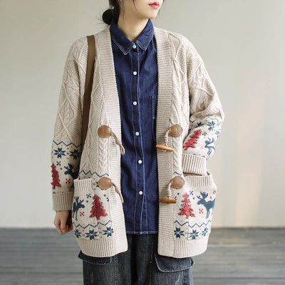 For Work Spring knit sweat tops trendy plus size Beige Deer Print knitted cardigans - bagstylebliss