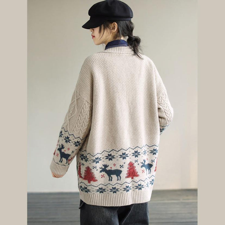 For Work Spring knit sweat tops trendy plus size Beige Deer Print knitted cardigans - bagstylebliss