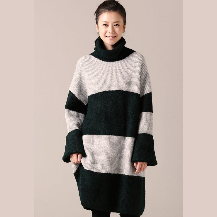 For Work Sweater dress outfit Women long sleeve green striped tunic knit dress fall high neck