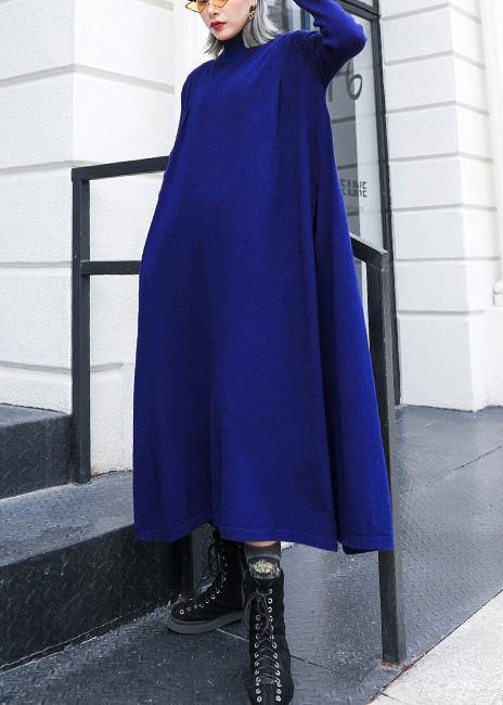 For Work blue Sweater dress Design high neck large hem Art fall knit dress - bagstylebliss