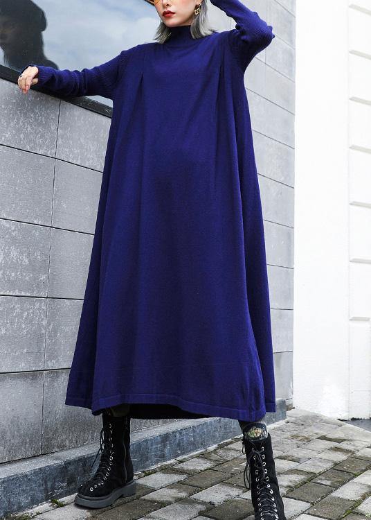 For Work blue Sweater dress Design high neck large hem Art fall knit dress - bagstylebliss