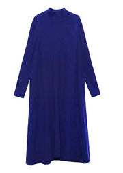 For Work blue Sweater dress Design high neck large hem Art fall knit dress - bagstylebliss