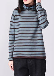 For Work blue knitted blouse plus size striped sweaters high neck - bagstylebliss