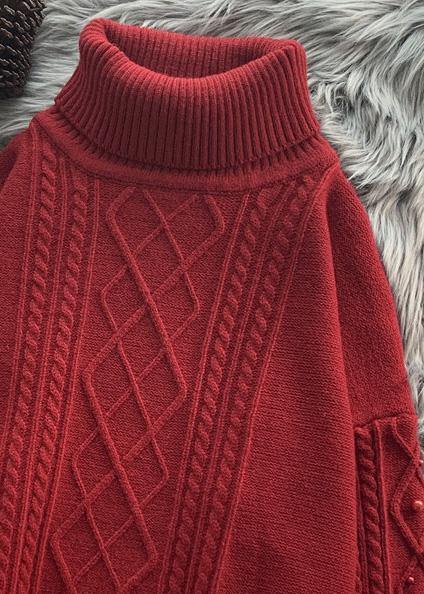 For Work burgundy Sweater Blouse low high design oversize high neck knitwear - bagstylebliss