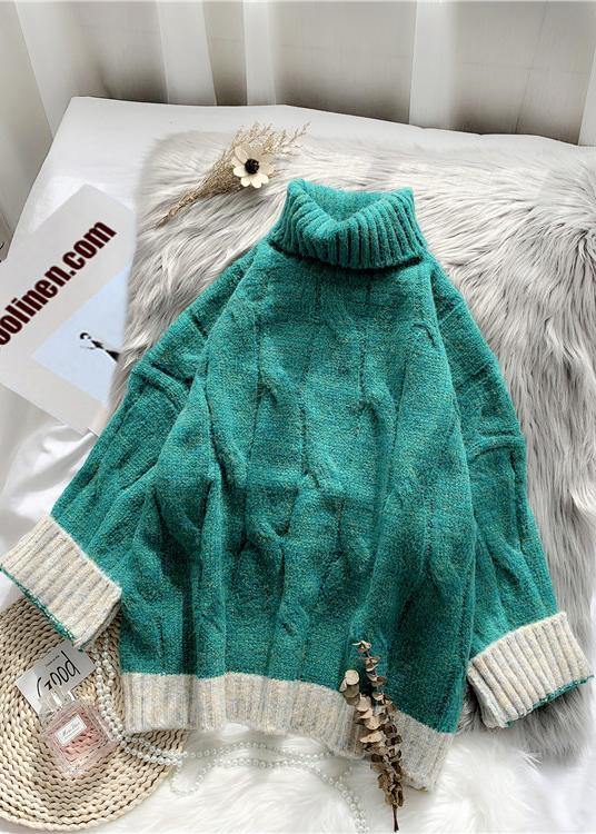 For Work fall green knit sweat tops plus size high neck patchwork Blouse - bagstylebliss
