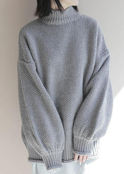 For Work gray knitwear plus size clothing high neck lantern sleeve knitted t shirt - bagstylebliss