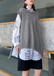 For Work gray sweater tops o neck sleeveless oversize knitwear - bagstylebliss